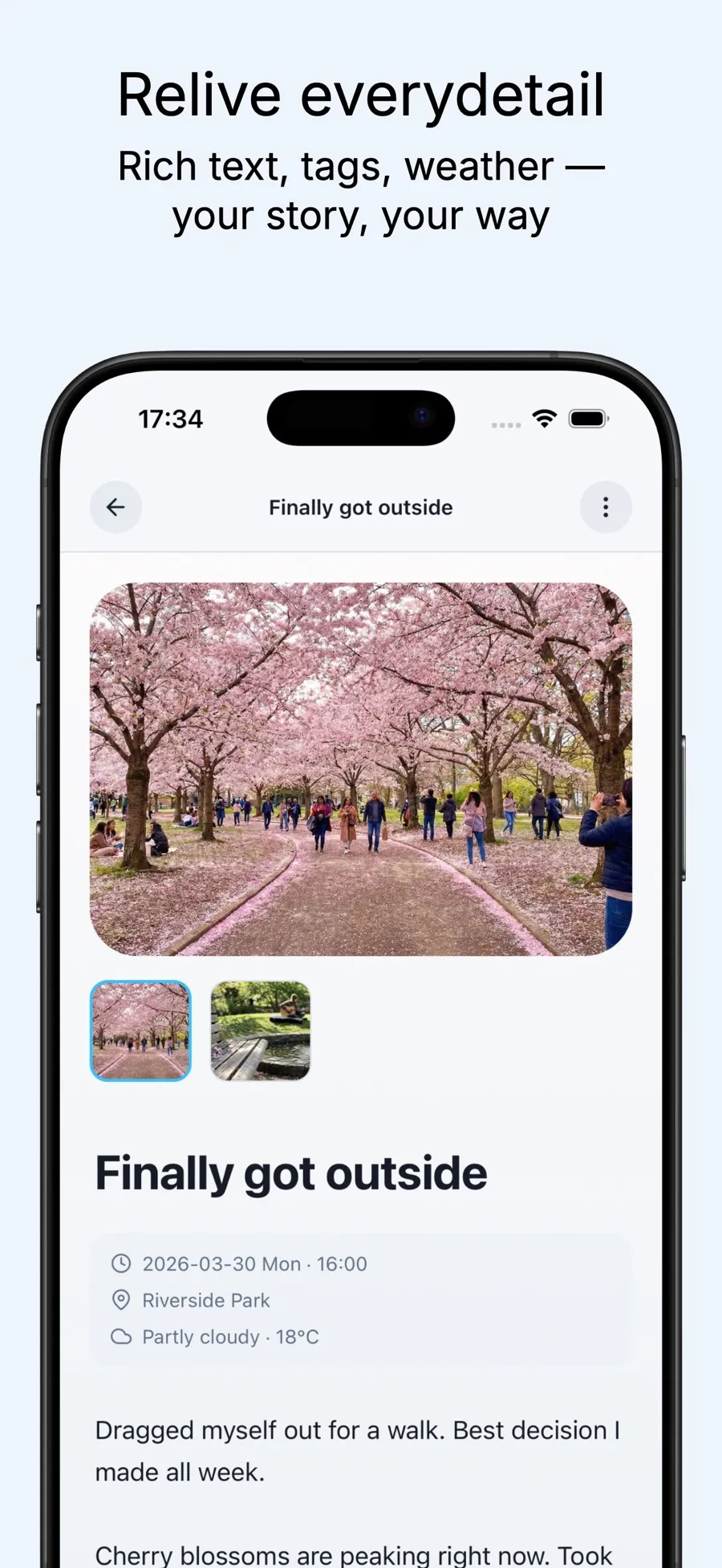 Viviary’s English App Store preview: a spring walk with cherry blossom photos, a location, and the weather.